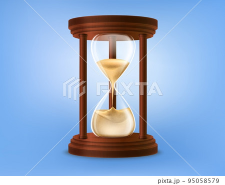 Sand hourglass, 3d glass watch. Sandglass clock on wooden stand, golden times, business history. Countdown old time measure instrument. Vector isolated neoteric element isolated on blue background 95058579
