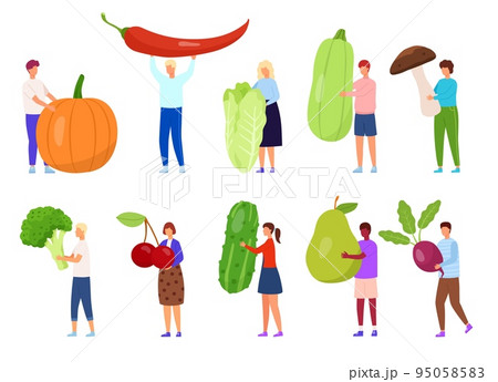 Vegetable food, diet fruit and vegetables icons. Man and women hold big products. People health, vegan eco logo, vegetarian summer, healthy characters. Vector cartoon flat nowaday illustration set 95058583