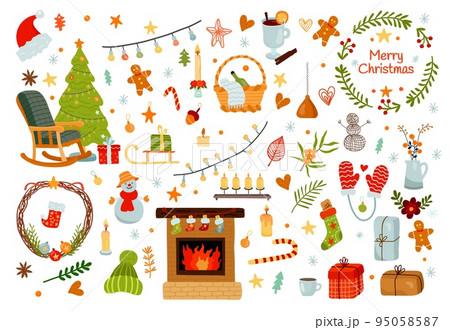 Christmas candles. Winter fireplace decor. Hygge home room elements set. Cute Xmas interior. Cozy holiday. Lamp garlands. Festive tree. Socks and Santa hat. Coniferous wreath. Vector design background Christmas candles. Winter fireplace decor. Hygge home room elements set. Cute Xmas interior. Cozy holiday. Lamp garlands. Festive tree. Socks and Santa hat. Coniferous wreath. Vector design background 95058587
