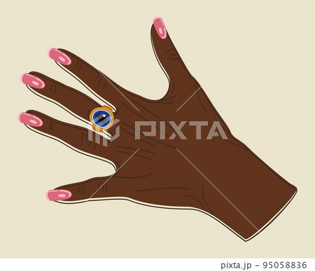 Vector isolated illustration of female dark-skinned hand with a ring and french manicure. Evil eye mascot. Vector isolated illustration of female dark-skinned hand with a ring and french manicure. Evil eye mascot. 95058836