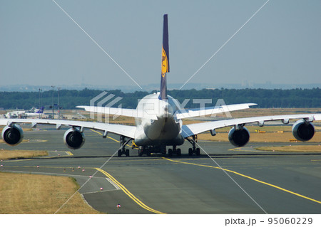 FRANKFURT, GERMANY - 09 JUL, 2017: Lufthansa Airbus A380 taxiing on the apron of Frankfurt Airport FRA 95060229