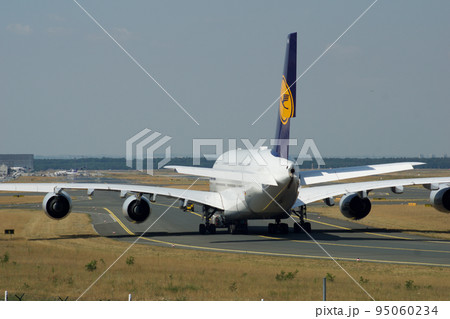 FRANKFURT, GERMANY - 09 JUL, 2017: Lufthansa Airbus A380 taxiing on the apron of Frankfurt Airport FRA 95060234