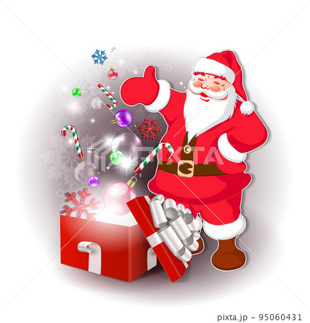Santa Claus with red gift box, white bow, isolated design component Santa Claus with red gift box, white bow, isolated design component 95060431