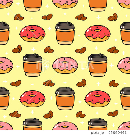 Pattern coffee and pink donut. Vector hand drawn doodle style cartoon character illustration icon design. Pattern coffee and pink donut friends concept 95060441