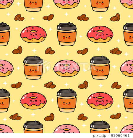 Pattern happy coffee and pink donut. Vector hand drawn doodle style cartoon character illustration icon design. Pattern coffee and pink donut friends concept 95060461
