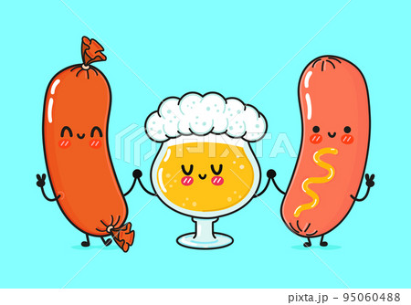 Cute, funny happy glass of beer, sausage and sausage with mustard. Vector hand drawn cartoon kawaii characters, illustration icon. Funny cartoon glass of beer, sausage and sausage with mustard mascot Cute, funny happy glass of beer, sausage and sausage with mustard. Vector hand drawn cartoon kawaii characters, illustration icon. Funny cartoon glass of beer, sausage and sausage with mustard mascot 95060488