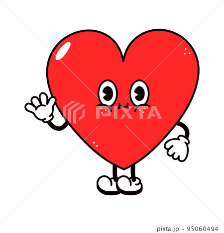 Cute funny heart waving hand character. Vector hand drawn traditional cartoon vintage, retro, kawaii character illustration icon. Isolated on white background. Heart character concept 95060494