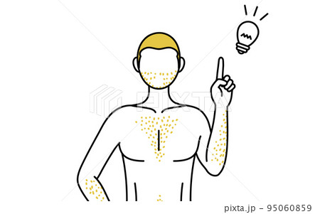 体毛が濃くて悩んでいる男性の線画、指差しをするひらめきのポーズ 95060859