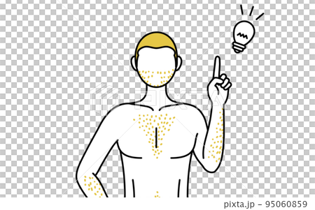 体毛が濃くて悩んでいる男性の線画、指差しをするひらめきのポーズ 95060859