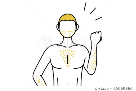 体毛が濃くて悩んでいる男性の線画、拳を上げる励ましのポーズ 95060860