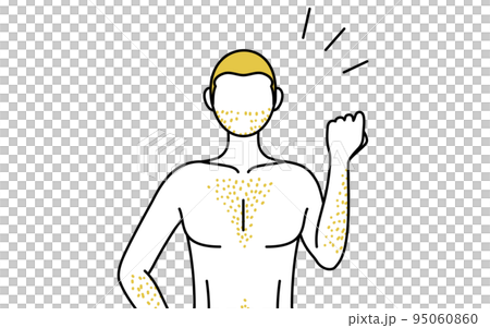 体毛が濃くて悩んでいる男性の線画、拳を上げる励ましのポーズ 95060860