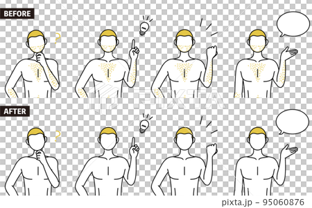 為一個擔心自己濃密的體毛、說話、提問、閃爍、膽量姿勢的男人設置的線條畫姿勢 95060876