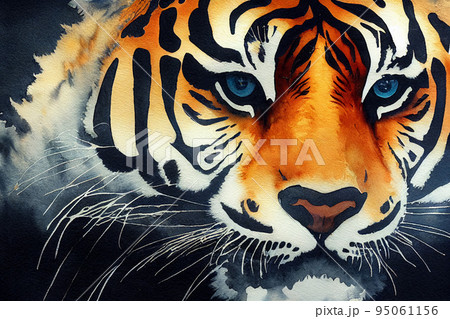 Tiger. Asian animal. Print for clothing. Neon, colorful illustration of wild cat. 95061156