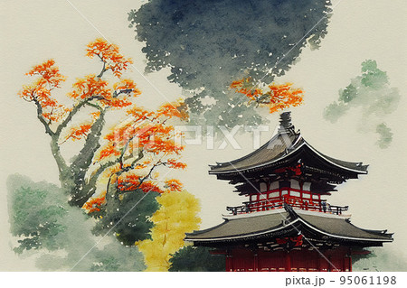 Japan, Japanese landscape with sakura, fuji mountain. Watercolor illustration, Japan, Japanese landscape with sakura, fuji mountain. Watercolor illustration, 95061198