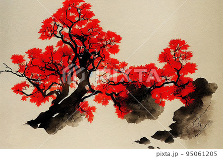 Japan, Japanese landscape with sakura, fuji mountain. Watercolor illustration, 95061205