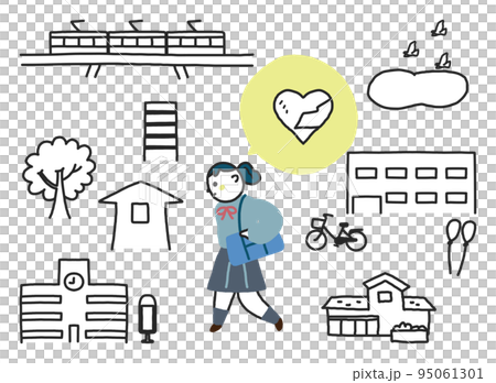 うつむいて町を歩く心が傷ついている女子学生　セット　イラスト素材	 95061301