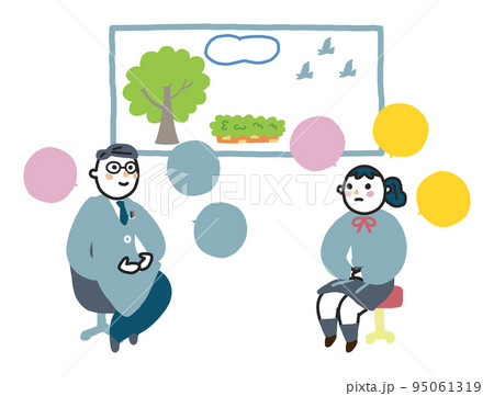 医師またはカウンセラーと明るい部屋で話をしている女子学生　イラスト素材 95061319