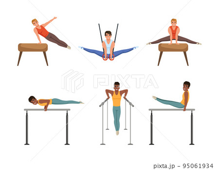 Young Man Training on Different Gymnastics Apparatus Like Horizontal and Parallel Bars Vector Set Young Man Training on Different Gymnastics Apparatus Like Horizontal and Parallel Bars Vector Set 95061934