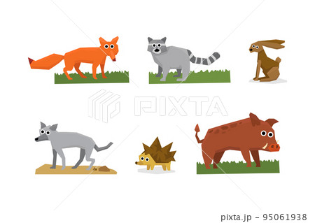 Cute Woodland Animals with Fox, Raccoon, Hare, Wolf, Hedgehog and Boar Vector Set 95061938