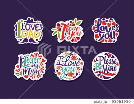 Love Lettering Sticker and Badges with Flowers Vector Set 95061950
