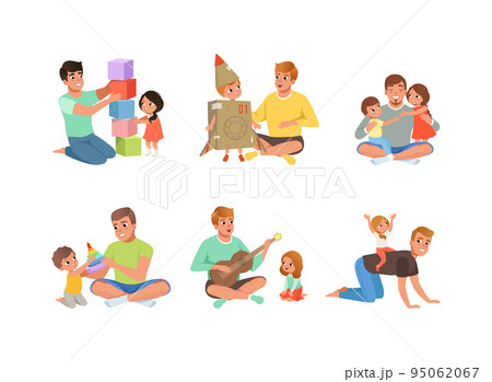 Happy Father with His Little Son and Daughter Spending Time Together Having Fun Vector Set 95062067