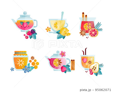 Tea Time with Hot Brewed Drink Poured in Teapot and Glass Mug with Spices Vector Set Tea Time with Hot Brewed Drink Poured in Teapot and Glass Mug with Spices Vector Set 95062071