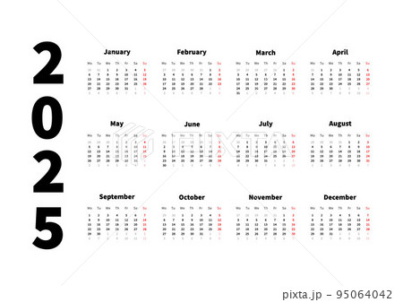 2025 year simple horizontal calendar in english, typographic calendar on white 95064042