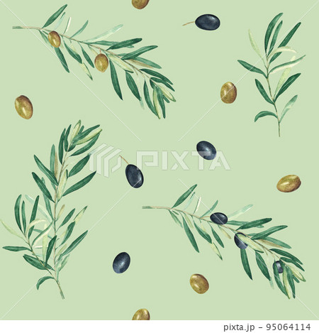 Watercolor seamless pattern with branches of green and black olives on a green background. Can be used for textile, wallpaper prints, kitchen, food and cosmetic design. Watercolor seamless pattern with branches of green and black olives on a green background. Can be used for textile, wallpaper prints, kitchen, food and cosmetic design. 95064114