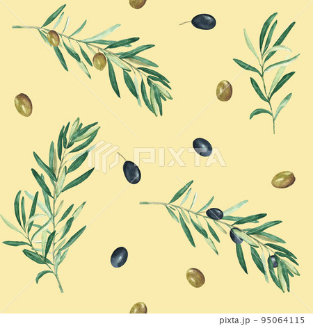 Watercolor seamless pattern with branches of green and black olives on a beige background. Can be used for textile, wallpaper prints, kitchen, food and cosmetic design. Watercolor seamless pattern with branches of green and black olives on a beige background. Can be used for textile, wallpaper prints, kitchen, food and cosmetic design. 95064115