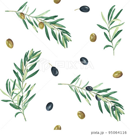 Watercolor seamless pattern with branches of green and black olives on a white background. Can be used for textile, wallpaper prints, kitchen, food and cosmetic design. Watercolor seamless pattern with branches of green and black olives on a white background. Can be used for textile, wallpaper prints, kitchen, food and cosmetic design. 95064116