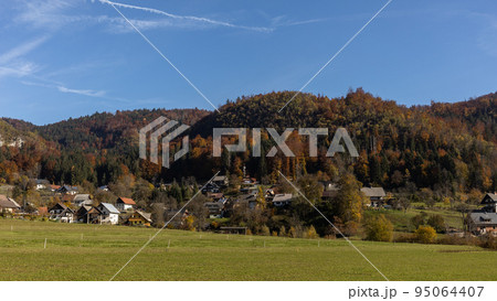 autumn village landscape hills covered by forest autumn village landscape hills covered by forest 95064407