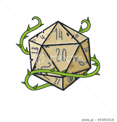 Dice d20 for playing Dnd. Dungeon and dragons board game. Cartoon outline drawn illustration. Green plant with thorn 95065018