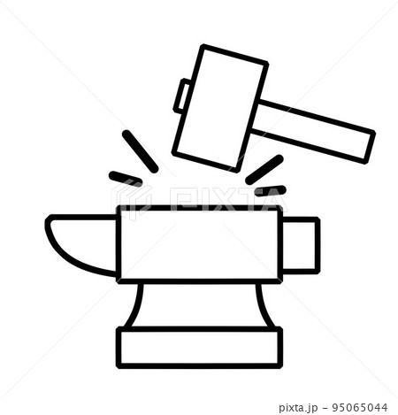 Blacksmith anvil and hammer. Symbol of work in forge. Forging and manufacturing of steel. Outline icon illustration Blacksmith anvil and hammer. Symbol of work in forge. Forging and manufacturing of steel. Outline icon illustration 95065044