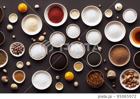 Salt And Pepper Collection In Bowls Flatlay Top Down View Salt And Pepper Collection In Bowls Flatlay Top Down View 95065072