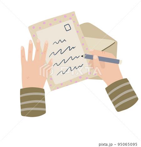 Person writes letter. Hand holding envelope with greeting. 95065095