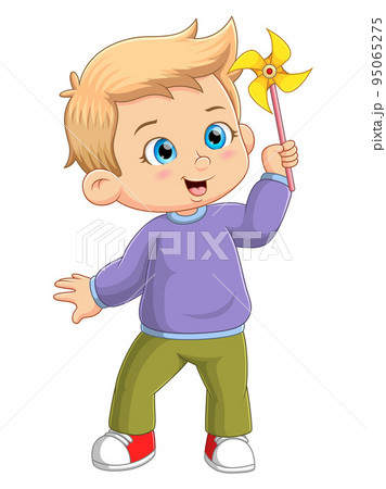 The little boy is holding the paper pinwheels 95065275