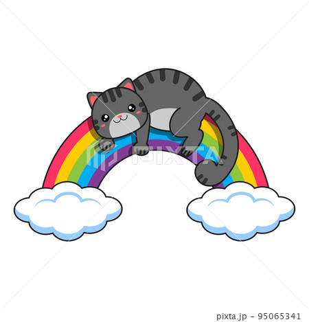The gray cat lies on the rainbow. Vector illustration. 95065341