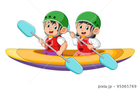 The two boys are rowing the canoe together  95065769