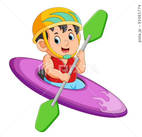 The boys is sitting on the cool canoe with the green paddle 95065774