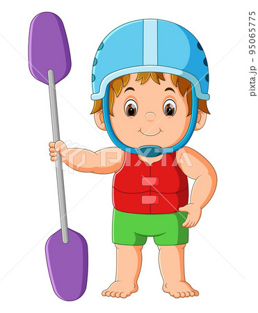 The boy is standing with the safety lifebuoy and holding the paddle The boy is standing with the safety lifebuoy and holding the paddle 95065775