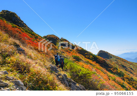 紅葉の谷川岳を歩く登山者 95066155