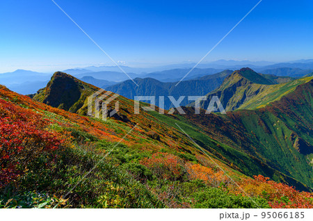 紅葉の谷川岳山頂・快晴の秋晴れと山並みの絶景 95066185
