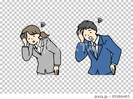 がっかりして落ち込んでいるスーツの男女セット　シンプルな線の人物イラスト 95066405