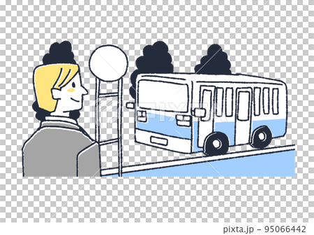一個在公交車站等車的人漫畫手繪人物矢量、線條畫和顏色 95066442