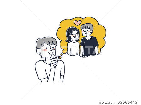 憧れの女性とのデートを夢見る男性 コミカルな手書きの人物 ベクター、線画にカラー 憧れの女性とのデートを夢見る男性 コミカルな手書きの人物 ベクター、線画にカラー 95066445
