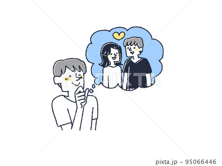 憧れの女性とのデートを夢見る男性 コミカルな手書きの人物 ベクター、線画にカラー 憧れの女性とのデートを夢見る男性 コミカルな手書きの人物 ベクター、線画にカラー 95066446