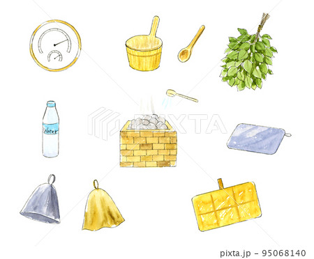 サウナアイテム手描き水彩イラストセット　背景透過 95068140