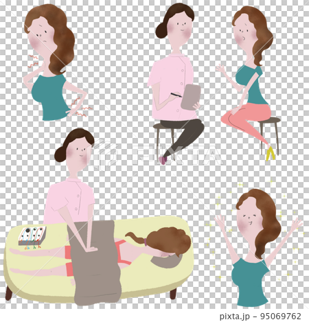 An illustration set showing the flow of treatment for bodywork, orthopedic treatment, and massage by a female practitioner, and before and after treatment. 95069762