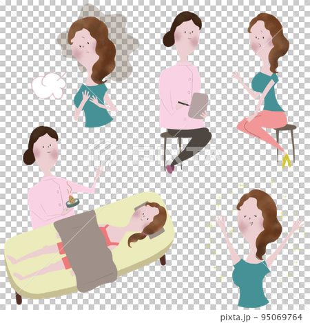An illustration set showing the flow of treatment at an acupuncture and moxibustion clinic by a female acupuncturist and the treatment before and after An illustration set showing the flow of treatment at an acupuncture and moxibustion clinic by a female acupuncturist and the treatment before and after 95069764