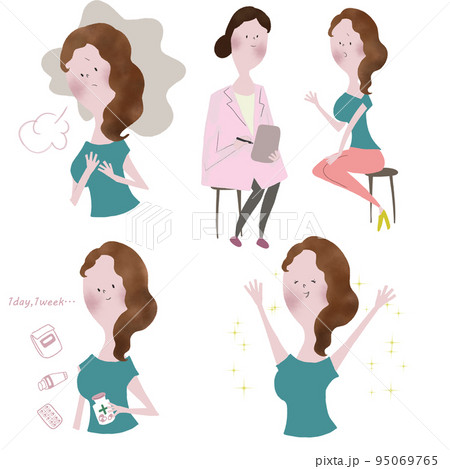 女医による治療の流れと、インフォームドコンセント、治療効果のビフォアアフターを表したイラストセット 95069765